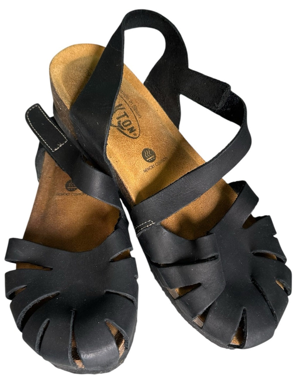 Plakton Norma Black Leather Caged Cork Wedge Sandals Size 39 /9US